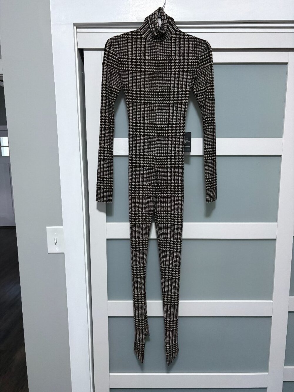 Norma Kamali Choc Glenn Plaid Tweed Catsuit Footsie Open Back Leotard sz XXS NWT - Picture 3 of 6